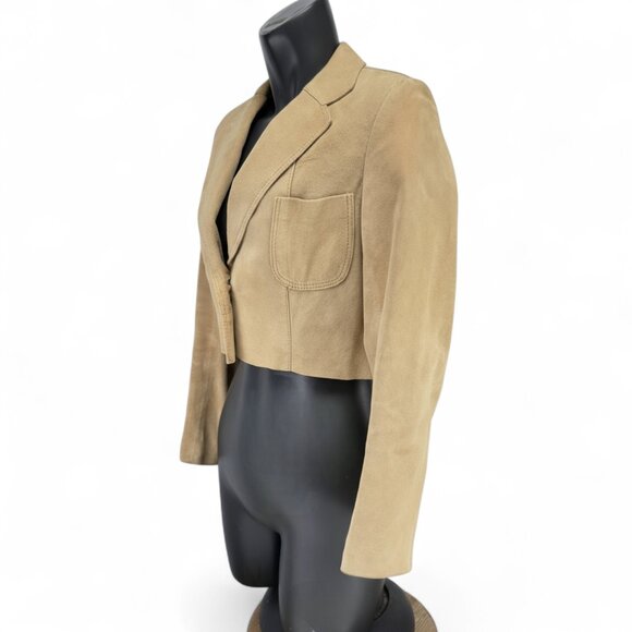 VINTAGE Suede Cropped Tan Camel Beige Blazer Jacket XS/S - Picture 2 of 7